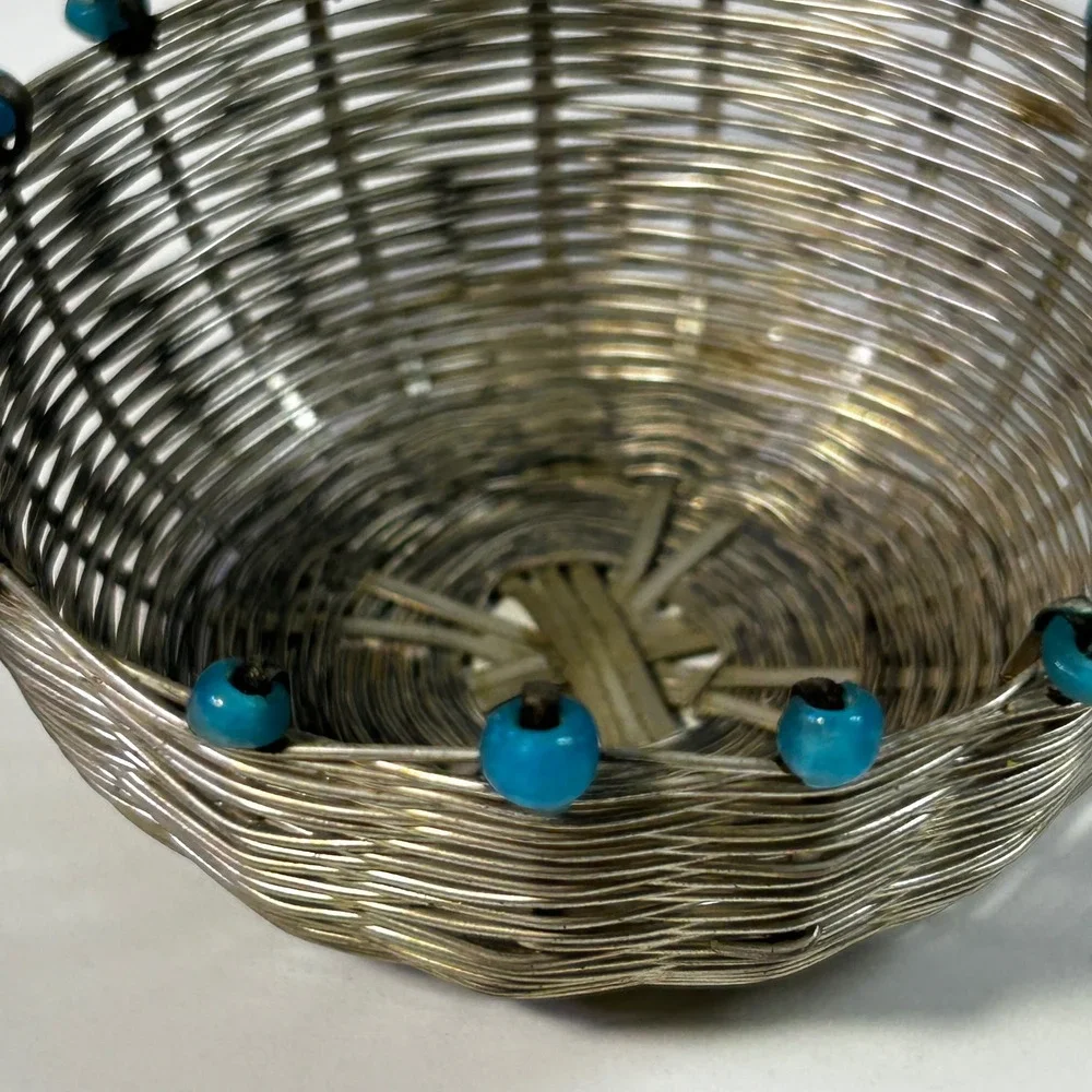 Vintage Silver Wire Woven Miniature Basket with Turquoise Blue Glass Beads 3in
